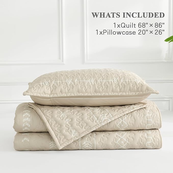 Andency Beige Twin Quilt Set, 2 Pieces Boho Lightweight Soft Striped Bedspread for All Season (68"x86"), Printed Bohemian Microfiber Reversible Coverlet Comoforter Sets