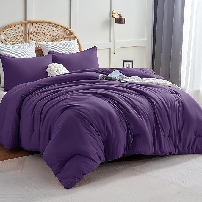CozyLux Full Size Comforter Set Purple, 3 Pieces Solid Breathable Quilted Style Bedding Sets, Luxury Soft Bed Set with Down Alternative Comforter for All Season (1 Comforter & 2 Pillowcases)