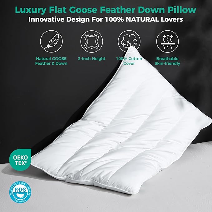 Three Geese Luxury Flat Thin Goose Feather Down Pillows Standard Size, 2.5" Height, 100% Cotton Cover, Medium Firm Hotel Collection Ultra Slim Thin Bed Pillows, Machine Washable, 18 x 26 Inches