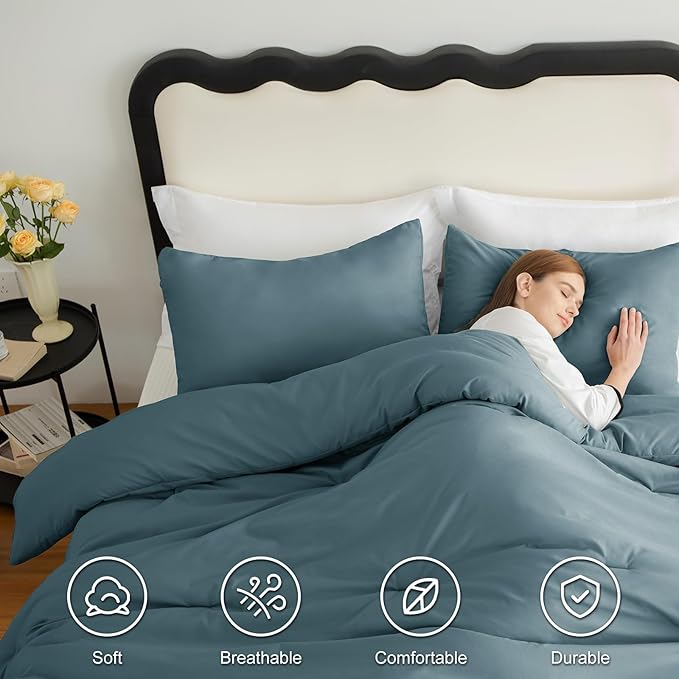 CozyLux Full Size Comforter Set Mineral Blue, 3 Pieces Solid Breathable Quilted Bedding Sets, Luxury Fluffy Soft Bed Set with Down Alternative Comforter for All Season (1 Comforter & 2 Pillowcases)