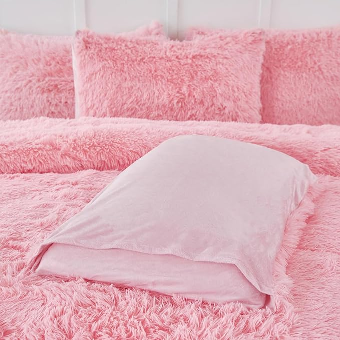 PERFEMET Pink Fluffy Comforter Set Twin Size 3 Pieces Faux Fur Plush Bedding Set for Girls Teen Ultra Soft Cozy Velvet Furry Fuzzy Kids Comforter(Pink, Twin)