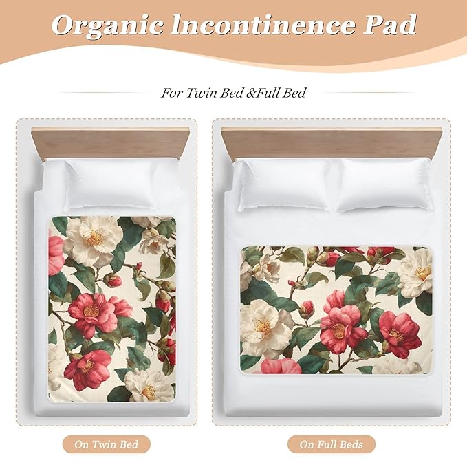 Waterproof Bed Pad Reusable Changing Pad Toddler Mattress Protector Large Pee Pad Baby Diaper Pad Soft Washable Liner Vintag Camellias Red