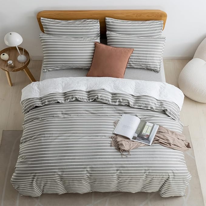 JELLYMONI King Duvet Cover Set, Cotton Duvet Cover 3 Pieces with Zipper Closure, 1 Duvet Cover and 2 Pillowcases(Gray with White Striped)