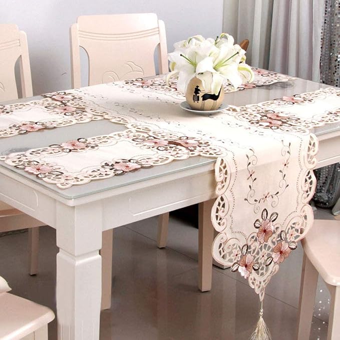 LeLehome 15 Inch X 69 Inch Classic Embroidered Lace Long Table Runner, Floral Washable Cabinet Dresser Scarf Home Party Kitchen Restaurant Decoration - Beige Flower