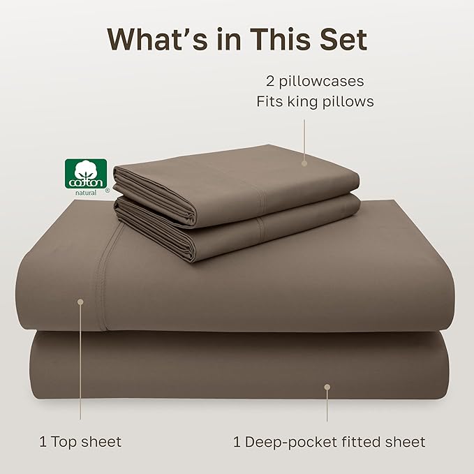 California Design Den 600 Thread Count Sheets King, 100% Cotton Sheet, Sateen, King Size Bed Sheets, Soft, Cooling, Hotel-Quality Bedding with Deep Pockets (Mushroom - Taupe Brown)