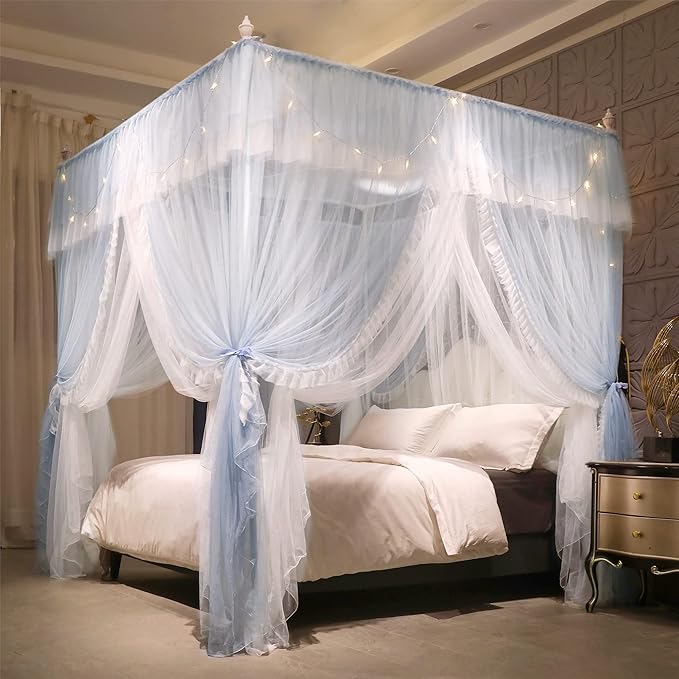 VETHIN 4 Corners Post Ruffle Princess Bed Canopy Curtain-Double Layer Cozy Drape Netting 4 Opening Mosquito Net for Girls Adults Bedroom Decoration (Gray/White,47" W*78" L*82" H/Twin)