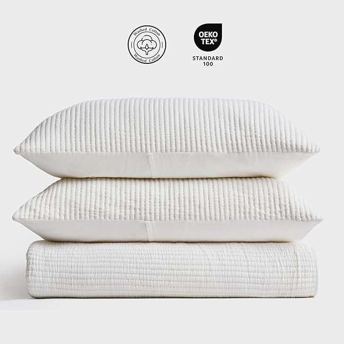 EVERGRACEHOME Cotton Coverlet Set Full Queen Size 3 Pieces, Lightweight Soft Ribbed Matelassé Bedspread Quilt Set, Cozy Oversized Quilted Bedding Set with 2 Pillow Shams for All Seasons, Ivory White