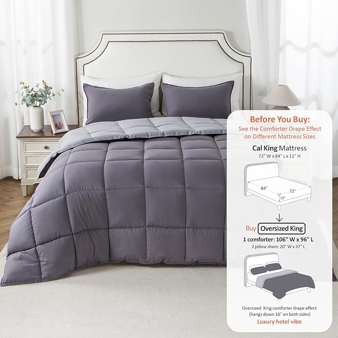 KASENTEX California King Comforter Set – Reversible Dual Color – Goose Down Alternative – Ultra-Soft, Lightweight, Machine Washable, Maintain Fluffiness, All Season Warmth (Quartz Silver/Pebble Grey)