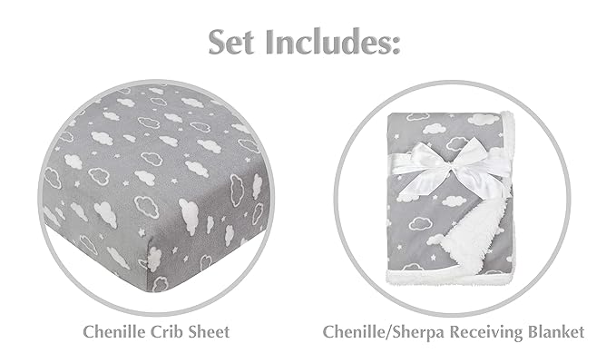 American Baby Company Heavenly Soft 2 Piece Chenille/Sherpa Crib Sheet & Blanket Set, Crib Sheet (52" x 28") & Receiving Blanket (30" x 35"), 3D Cloud Grey, for Boys and Girl