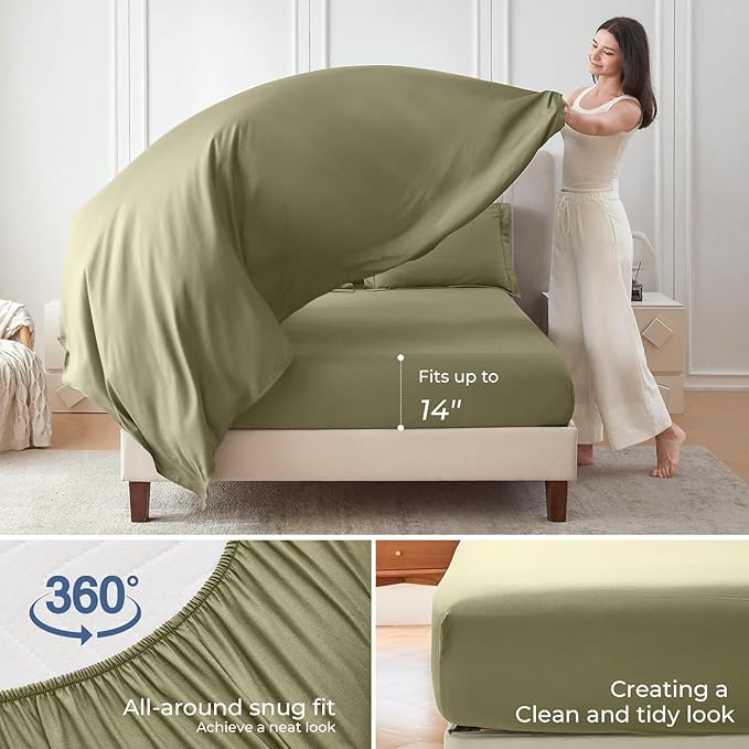 Sasttie King Size Comforter Set, 7 Pieces Bed in a Bag King, Complete Bedding Set Includes Comforter, Flat Sheet, Fitted Sheet, Pillowcases and Pillow Shams, Olive