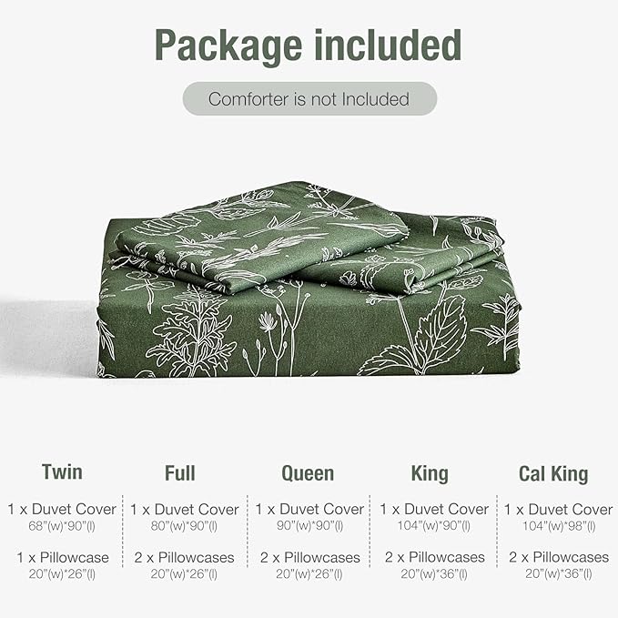 Lekesky Floral Duvet Cover Queen Size, Army Green Queen Duvet Cover with Plant Flowers Pattern,Soft Microfiber Breathable Bedding Set with Zipper & Corner Ties for All Season