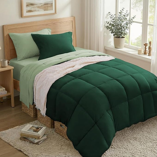 Anluoer Twin Comforter Set,Emerald Green&Sage Bed in a Bag 5 Piece,Lightweight Bedding Set with Soft Down Alternative Fill,Bed Set Includes Comforter, Fitted Sheet, Flat Sheet,Pillowcase and Sham