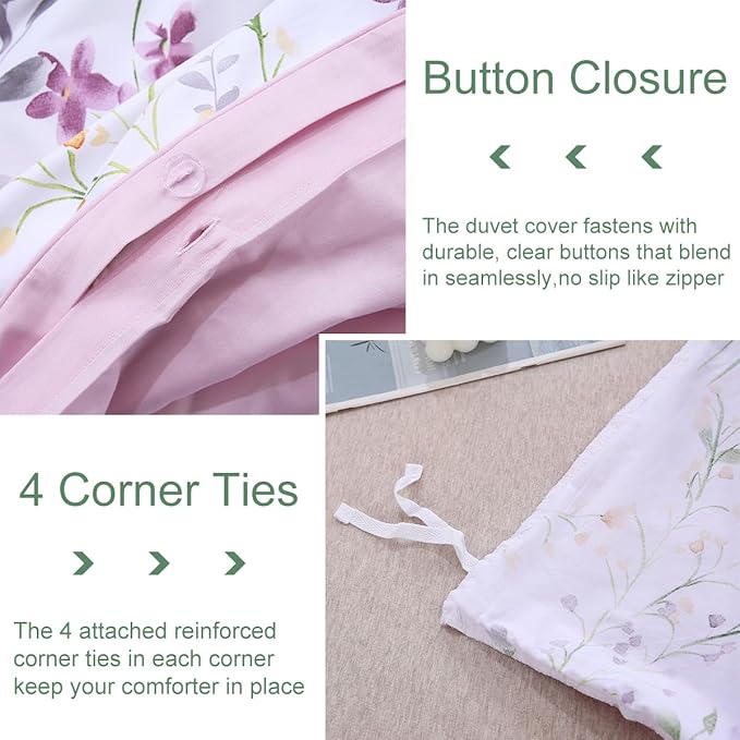 URBONUR Floral Duvet Cover Set King Size 3-Pieces Egyptian Cotton Percale Weave Bedding Set Garden Chic Flowers Comforter Cover, Soft Breathable Durable Bedding with Button Closure