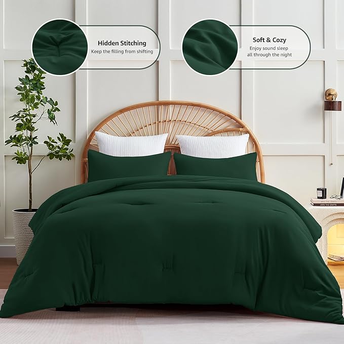 CozyLux Dark Emerald Green King Size Comforter Set, 3 Pieces Solid Breathable Quilted Bedding Sets, Luxury Fluffy Soft Bed Set with Down Alternative Comforter All Season (1 Comforter & 2 Pillowcases)