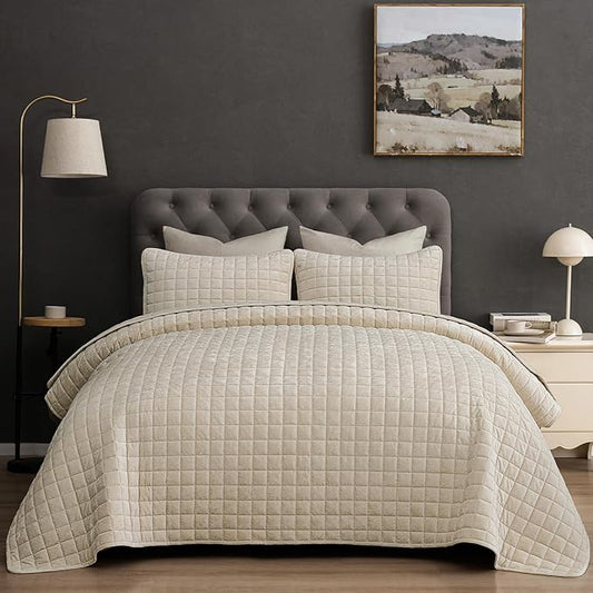 PHF Luxurious Velvet Quilt Set Twin Size – 2PCS Super Soft Quilted Comforter Alternative with Square-Box Quilt Pattern, Warm Quilted Bedspread Coverlet, 68" x 92", Sand