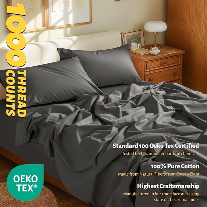 Shilucheng 100% Egyptian Cotton Sheets Set - 1000 Thread Count，Luxury Cotton Bed Sheets，Breathable & Cooling Bedding and Pillow Cases, 16 Inch Deep Pocket - 4 Piece (California King, Dark Grey)