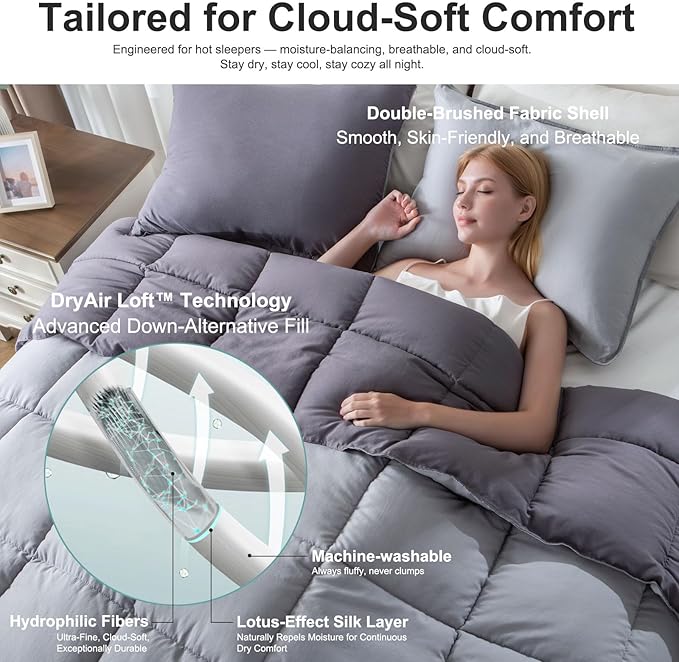 KASENTEX California King Comforter Set – Reversible Dual Color – Goose Down Alternative – Ultra-Soft, Lightweight, Machine Washable, Maintain Fluffiness, All Season Warmth (Quartz Silver/Pebble Grey)