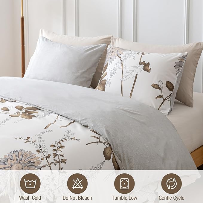 Lekesky Duvet Cover King Size, Reversible Dahlia Floral Duvet Cover Set, Soft Microfiber Off White Bedding Duvet Cover Sets with Zipper Closure (1 Duvet Cover 104"x90", 2 Pillowcases 20"x36")