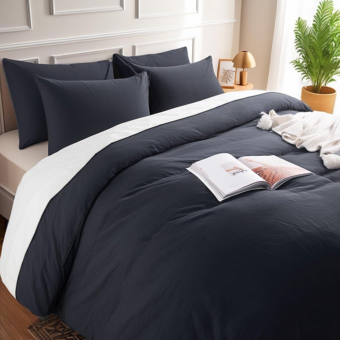 NEXHOME PRO King Duvet Cover Set, 100% Certified Organic Cotton with Washed Feel & Linen-Like Texture, Comfortable & Breathable, Home Bedding Set Dark Grey (No Comforter) 10490