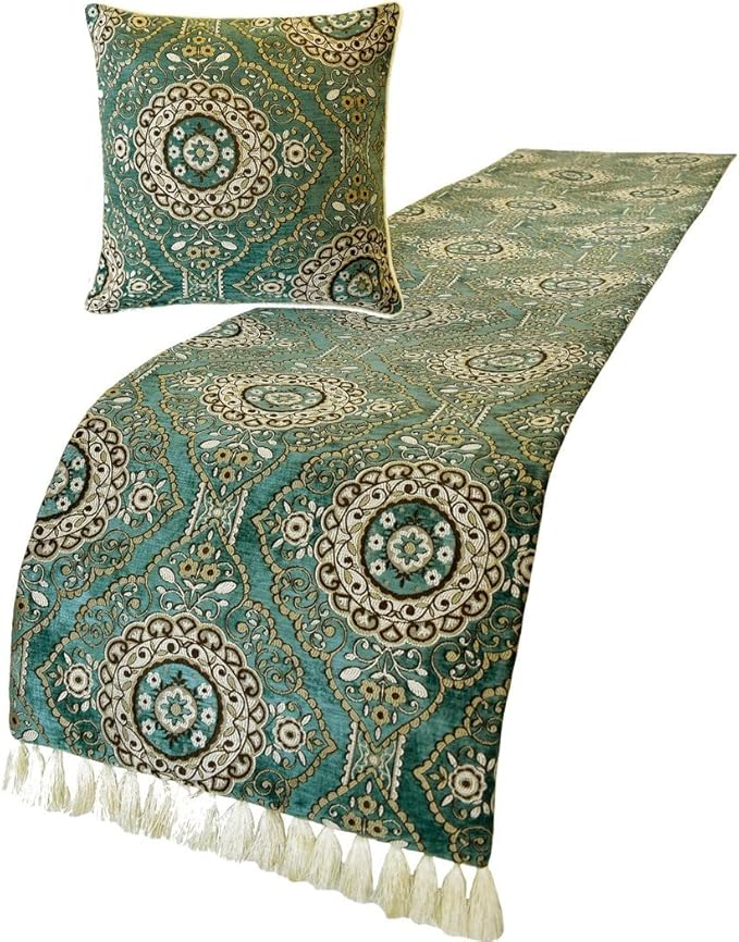 The HomeCentric King/Queen/Twin Teal Decorative King 90"x18" Bed Runner with Pillow Cover, Art Deco, Floral, Tassels & Velvet Bed Scarf on Velvet Fabric - Ahmet