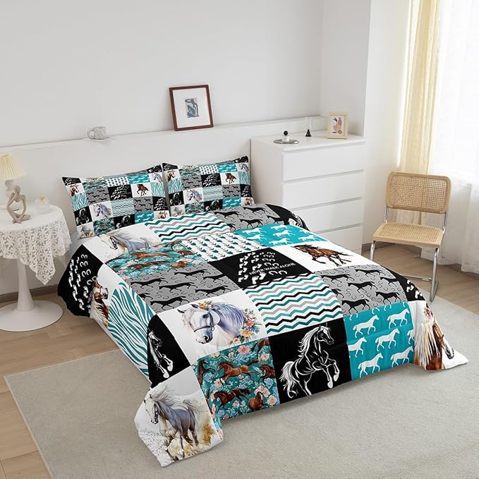 Horse Bedding,Western Farmhouse Horse Comforter Set for Girls King Bed,Boho Arrow Teal Zebra Stripe Comforter for Kids Boys Women,Rose Flower Rustic Cowboy Quilt Duvet Sets 1 Pillowcases Black White
