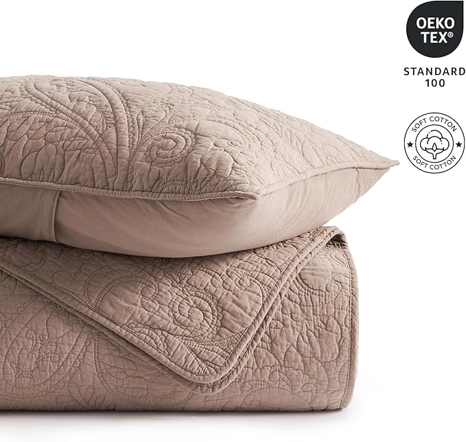 EVERGRACE 100% Cotton Paisley Quilt Set, King Size 3 Piece Set – Prewashed Lightweight Bedspread with 2 Shams, Soft Matelasse Coverlet for All-Season, Dusty Brick (Red Undertones)