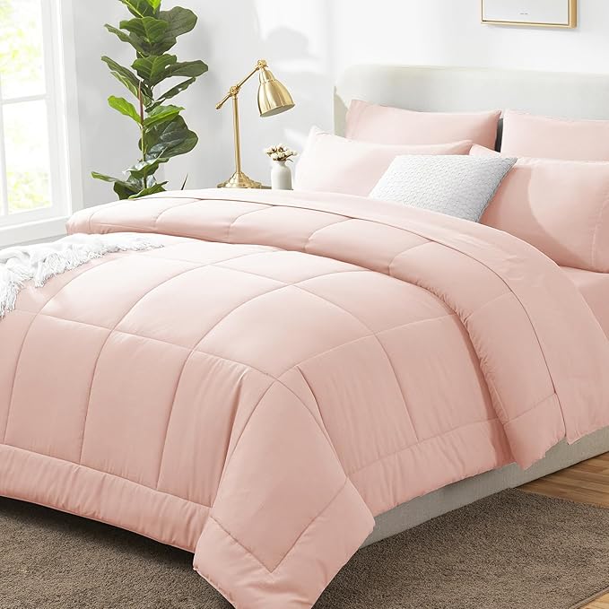 CozyLux Oversized Queen Comforter Sets Blush Pink, 7 Pieces Bed in a Bag, Ultra-Soft All Season Bedding Sets with Stitch Quilted Comforter, Flat Sheet, Fitted Sheet, Pillowcases, Blush Pink