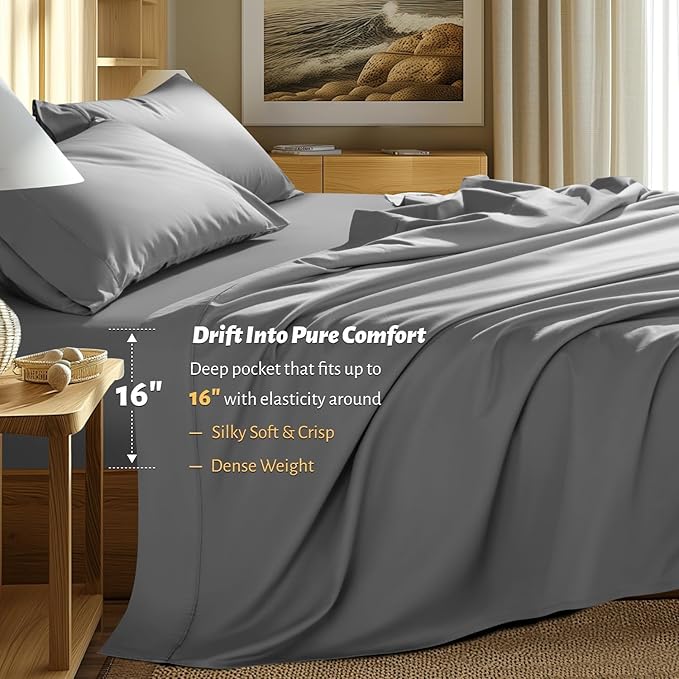 Shilucheng 100% Egyptian Cotton King Size Sheets Set - 1000 Thread Count，Luxury Cotton Bed Sheets，Breathable & Cooling Bedding and Pillow Cases, 16 Inch Deep Pocket - 4 Piece (Grey, King)