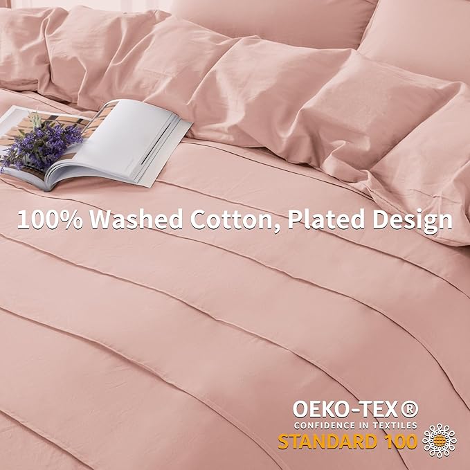 NEXHOME PRO 100% Washed Cotton Duvet Cover Queen Size, Pleated Textured Duvet Cover Set Light Pink, 3 Pieces Bedding Set with Zipper Closure, Soft, Lightweight and Breathable (90"x90", No Comforter)