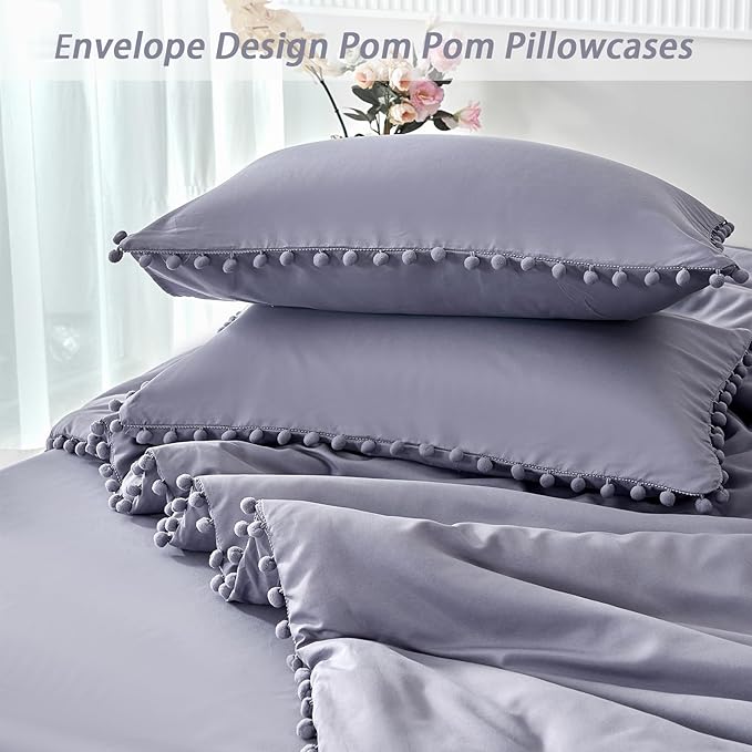 PERFEMET 5-Piece Purple Bed in A Bag Queen Size Boho Cute Grayish Purple Pom Pom Comforter Set with Sheets Soft Lightweight Girls Bedding Set(Grayish Purple, Queen)