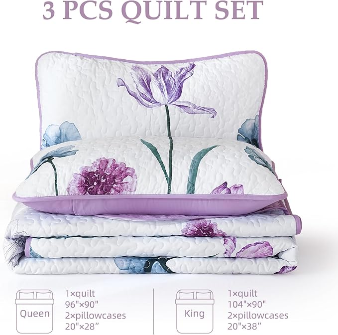 WONGS BEDDING Purple King Quilt Set, 3 Pieces Light Purple Floral Bedspread Coverlet Set, Lightweight Spring Farmhouse Cute Botanical Quilts Bedding Set (104"x90")