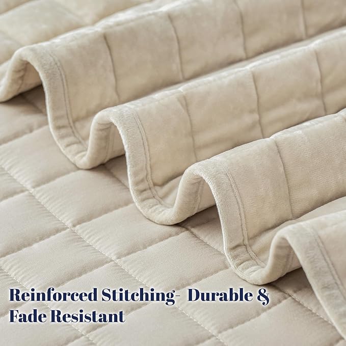 PHF Luxurious Velvet Quilt Set Twin Size – 2PCS Super Soft Quilted Comforter Alternative with Square-Box Quilt Pattern, Warm Quilted Bedspread Coverlet, 68" x 92", Sand