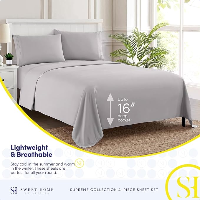 RV Queen Bed Sheets - Breathable Luxury Sheets with Full Elastic & Secure Corner Straps Built In - 1800 Supreme Collection Extra Soft Deep Pocket Bedding Set, Sheet Set, RV Short Queen, Silver