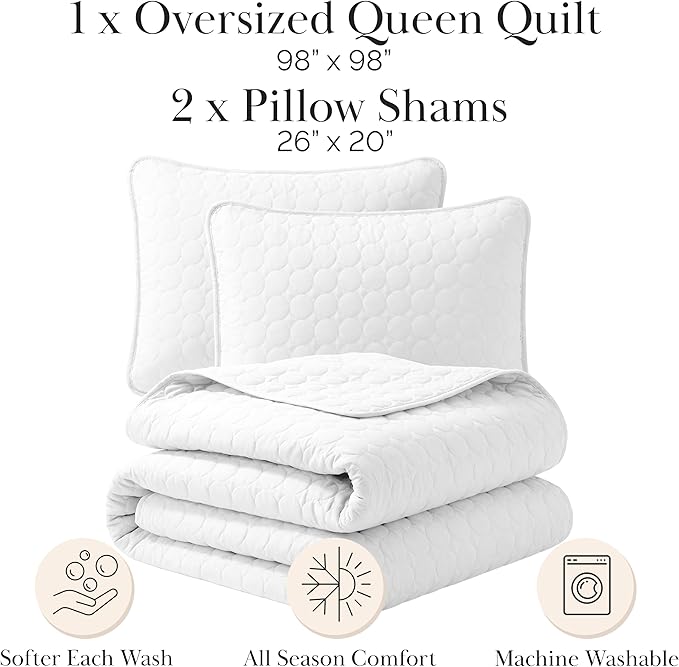 Southshore Fine Living, Inc. White Quilts Queen Size Set, Lightweight Summer Bedspread with 2 Quilted Pillow Shams, Cozy, Soft Circle-Stitch Design, Queen Size/Full Size, White