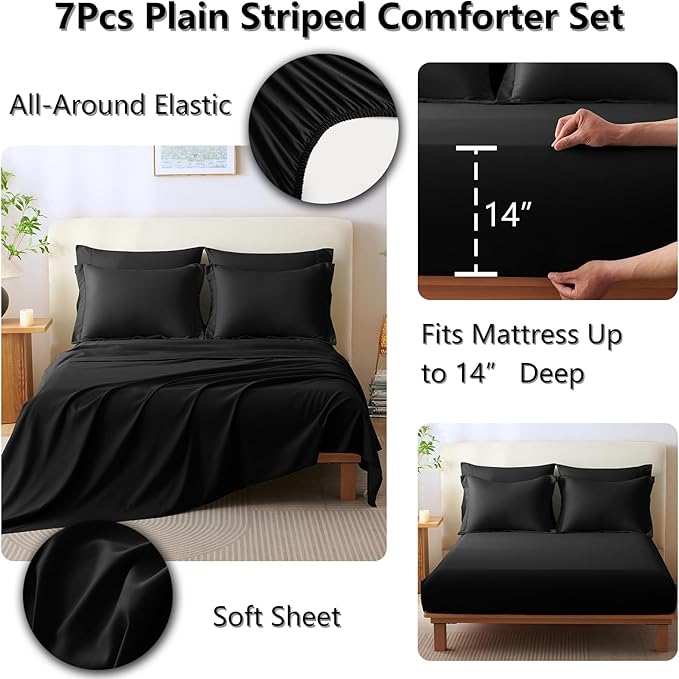 CozyLux King Size Comforter Sets - 7 Piece Bed in a Bag Black Comforter Set with Sheets Luxury Bed Set All Seasons, Soft Bedding Set with Down Alternative Comforter, Sheets, Pillowcases & Shams