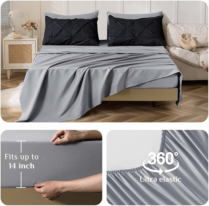 JOLLYVOGUE Twin Comforter Set 7 Pieces - Bed in a Bag Twin for All Season, Pintuck Bedding Comforter Sets with Comforter, Flat Sheet, Fitted Sheet and Pillowcases & Shams, Black & Light Grey