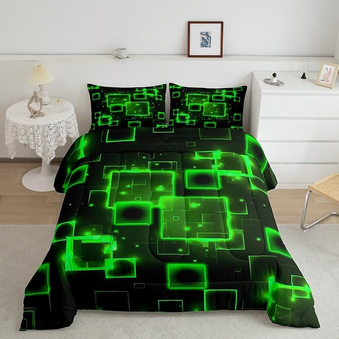 Feelyou Geometric Green Black Comforter Set Full Size, Kids Light Honeycomb Bedding Set Geometrics Comforter Abstract Duvet Insert Bed Set 3Pcs
