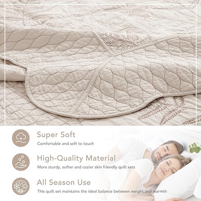 Lady Ann Oversized King Quilt Set 128x120, 3Pcs Botanical Leaves Print Bedspread Sets, Soft Lightweight Extra Large Wheat Coverlet, All-Season Bedding Comforter