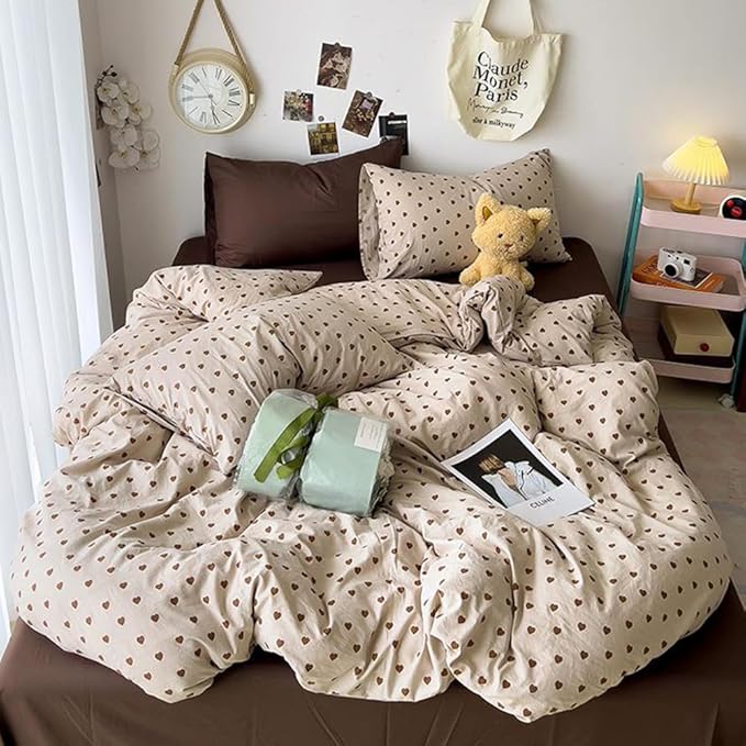 Nayoroom Brown Heart Duvet Cover Twin Size Vintage Hearts Printed on Taupe Duvet Cover Kids Girls 2 Pieces Soft Microfiber Farmhouse Bedding Set with Zipper Closure