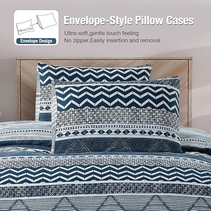 Lekesky Duvet Cover Queen Size, Soft Microfiber Boho Aztec Quilt Cover Set Blue Bohemian Queen Bedding Duvet Cover Sets with Zipper Closure Corner Ties (No Comforter)