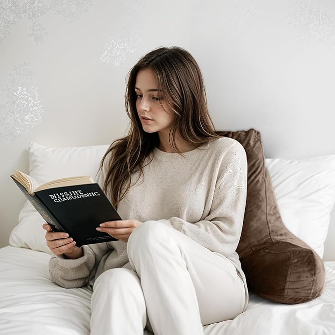 Reading Pillow for Sitting in Bed Adult, Reading Pillow with Shredded Memory Foam, Back Pillow for Sitting Up with Extend Arms, Pockets, Bed Pillow with Washable Cover,Brown, X-Large