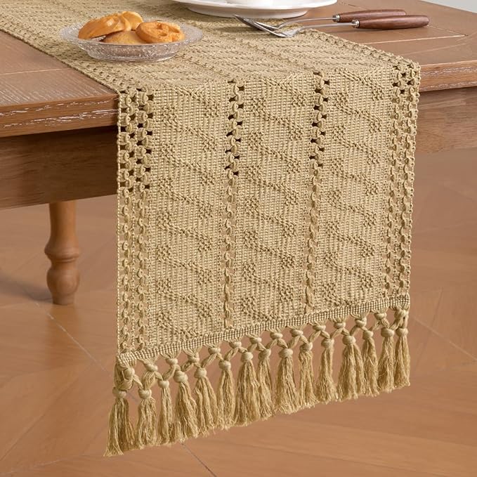 Socomi Boho Table Runner Easter Spring Farmhouse Rustic Dining Kitchen Centerpiece Decor Small Macrame Woven Cotton Linen Coffee Table Runner for Dresser Scarf Home Decor 12x60 inch Champagne