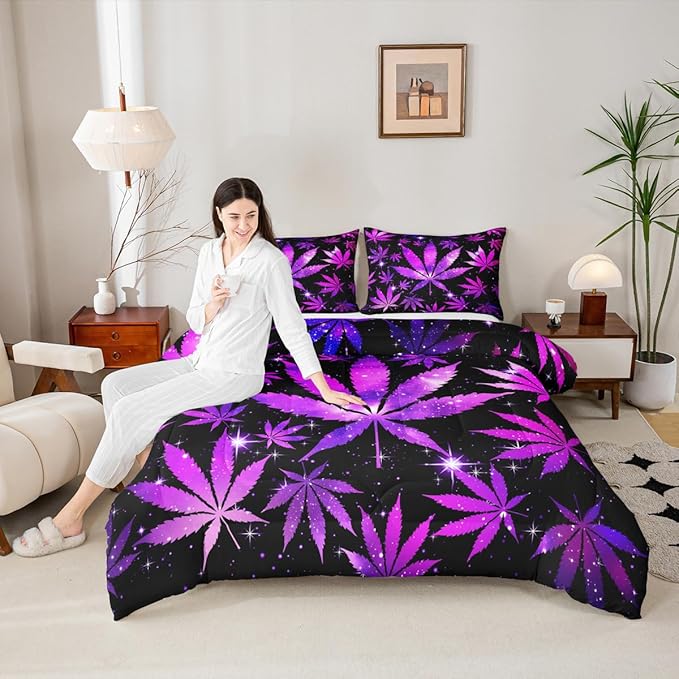 Erosebridal Purple Black Comforter Set Queen Size Hippie Leaf Bedding Sets for Adults Women Men,Leaves Galaxy Comforter Botanical Bed Quilt Set 2 Pillow Cases