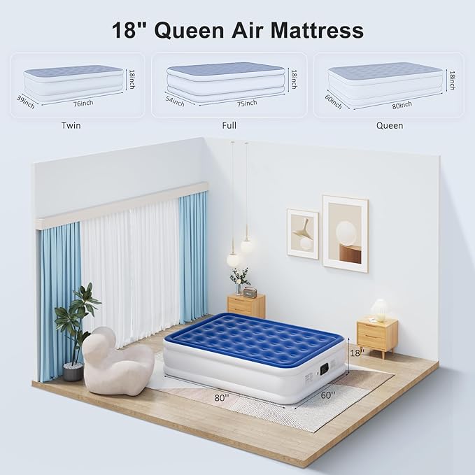 Queen Air Mattress with Built-in Pump, 18" Raised Inflatable Bed Blow Up Mattress, Comfort Portable Air Bed for Camping, Home Guests, Travel 690 lbs Max