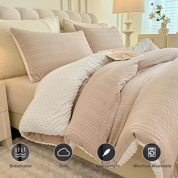 Boho Comforter Set Full Size Striped Pleats Bohemian Seersucker Bedding Set All Season Soft Cozy 3 Pieces Quilt with 2 Pillowcases(80"X90" Beige)