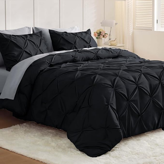 JOLLYVOGUE Cal King Comforter Set 7 Pieces - Bed in a Bag Cal King for All Season, Pintuck Bedding Comforter Sets with Comforter, Flat Sheet, Fitted Sheet and Pillowcases & Shams, Black & Light Grey