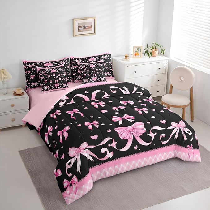 Feelyou Pink Bowknot Comforter Set Full Size 7 Pieces Dreamy Princess Bedding Set for Kids Boys Girls Cute Bow Bed in a Bag with Comforter, Sheets, Pillowcases, Cushion Covers Love Hearts Quilted