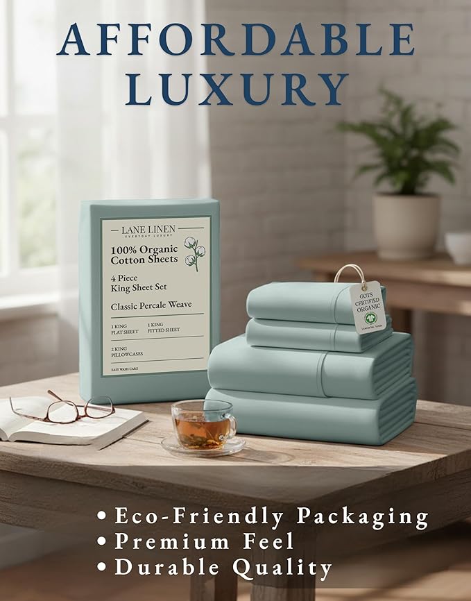LANE LINEN 100% Organic Cotton Bed Sheets King Size, Soft & Comfy Fully Elasticized Percale Bedding Sheets & Pillowcase Set, Low Pilling Machine Washable All Season King Sheet- French Blue