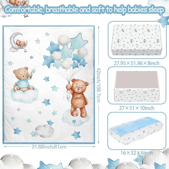 Mixweer 5 Pcs Crib Bedding Set for Toddlers Include Cloud Balloon Bear Theme Crib Sheets, Skirt, Comforter, Pad Cover, Wall Stickers for Boys or Girls Nursery Bedding Sets(Blue)