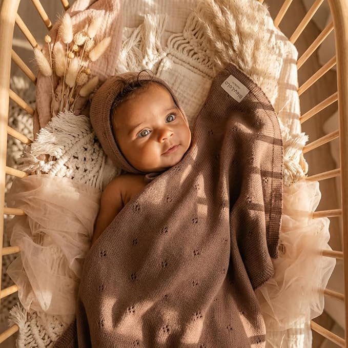Baby Gift Set - Organic Cotton Newborn Blanket Essentials, Thoughtful Baby Shower & New Baby Gift for Boys & Girls (Pointelle - Milk Chocolate)